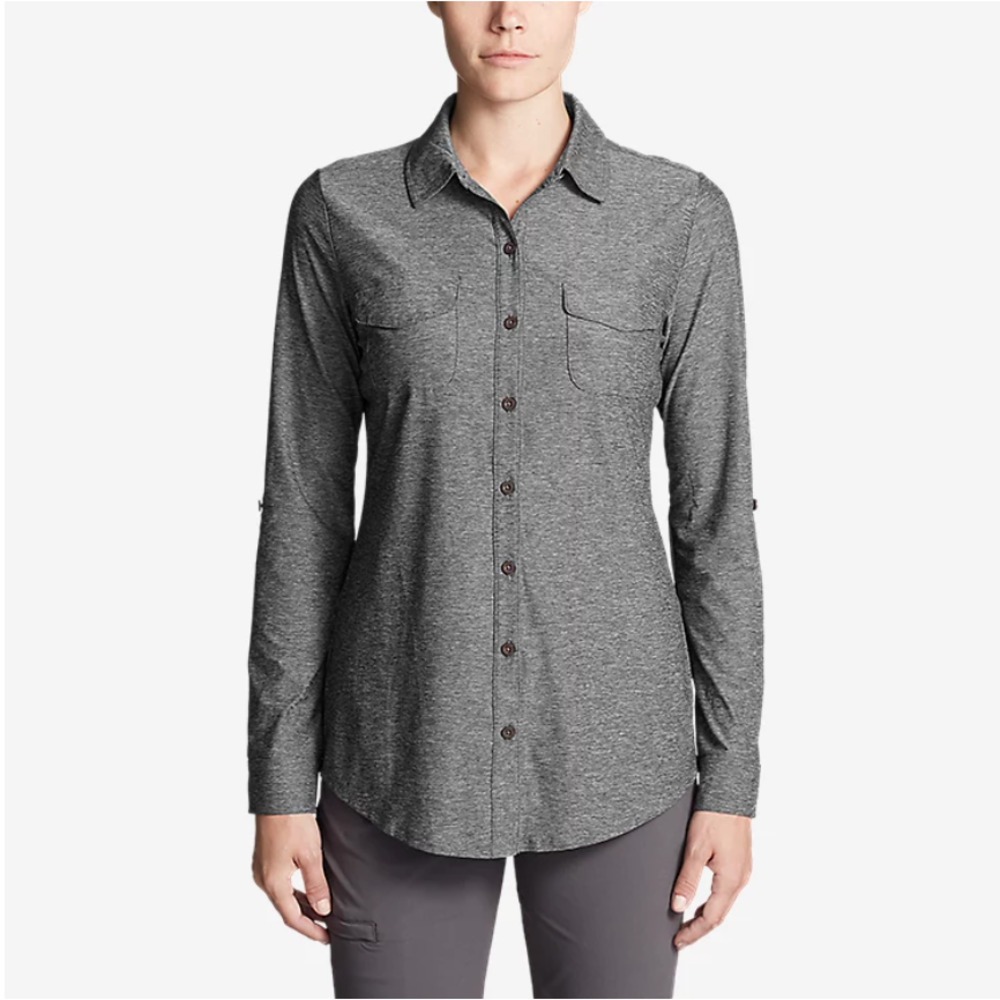 Eddie Bauer Women's Infinity Long-Sleeve Button-Front Shirt Heather Gray Small